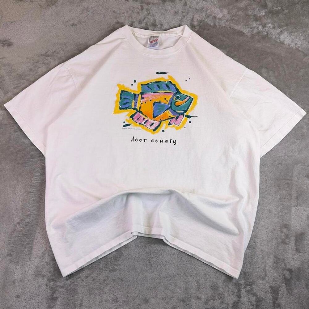 Vintage 90s Jerzees Carol Hagan Door County Fish Art Graphic T Shirt White USA